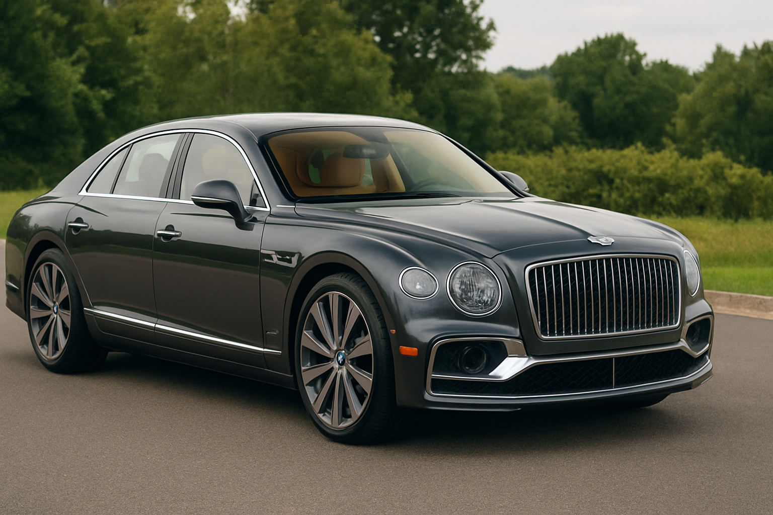 Dark gray Bentley luxury sedan parked on a road with green trees in the background, featuring chrome accents and elegant styling.