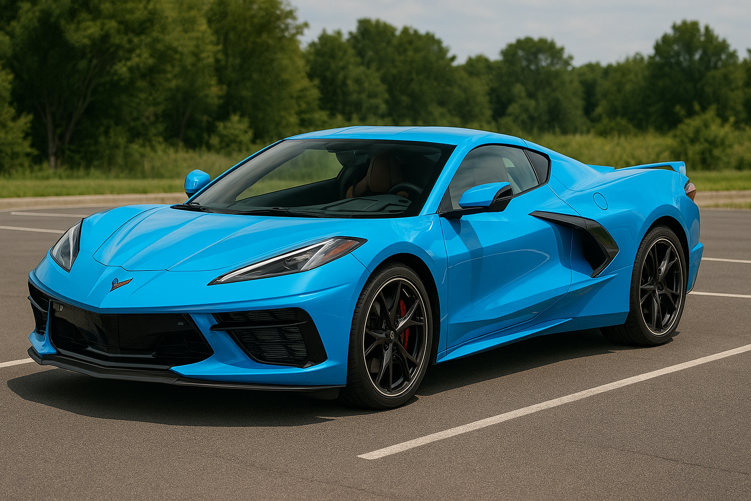 Bright blue 2025 Chevrolet Corvette parked in an empty lot with trees in the background, showcasing aerodynamic design and performance styling.