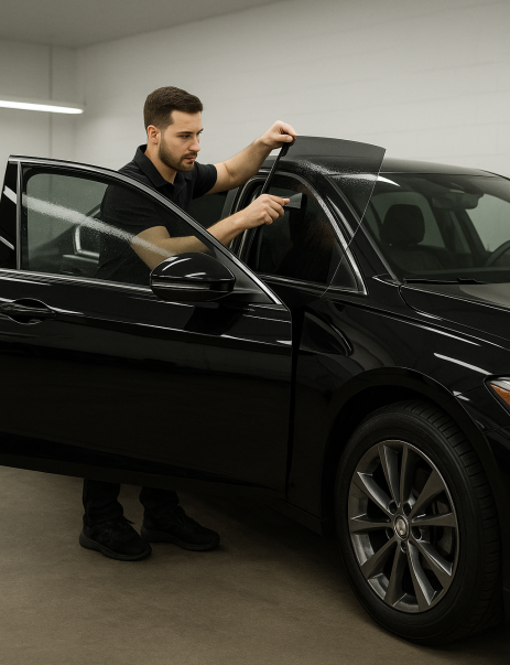 Technician carefully applying window tint film to the front window of a black sedan in a garage, showcasing professional car tinting service.