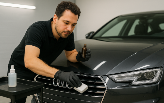 Auto detailer in black gloves applying ceramic coating to the hood of a dark gray Audi sedan in a professional garage.
