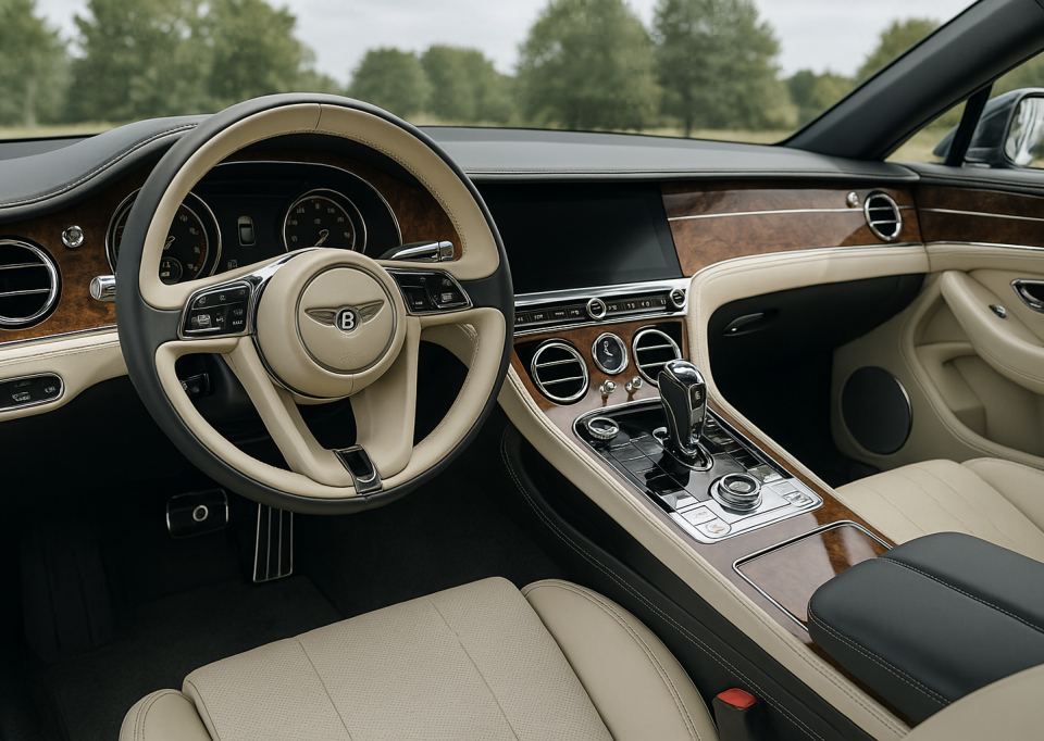 Interior of a Bentley showing cream leather seats, wood trim dashboard, and chrome-accented steering wheel and center console.