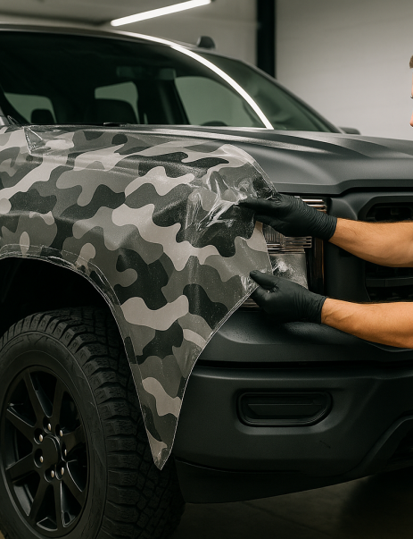 Auto detailer applying camouflage paint protection film to the front fender of a black pickup truck in a professional garage.