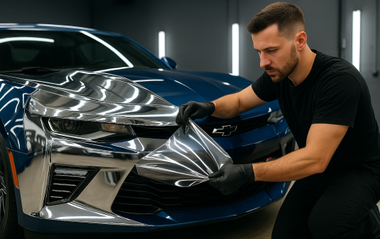 Auto detailer applying reflective chrome paint protection film to the front of a blue Chevrolet Camaro in a professional garage.