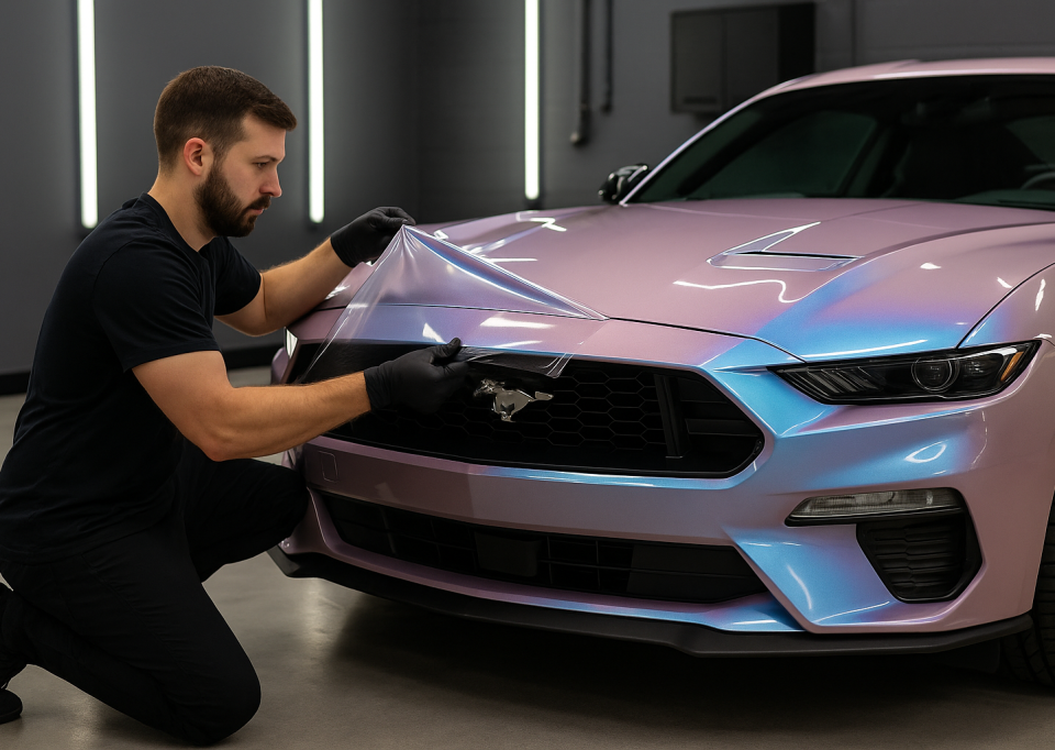Auto detailer applying color-changing paint protection film to the hood of a pink and blue iridescent Ford Mustang in a detailing studio.