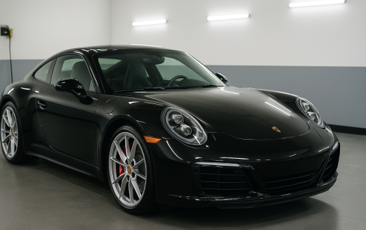 Silver sports car with high-gloss paint finish, protected by clear paint protection film