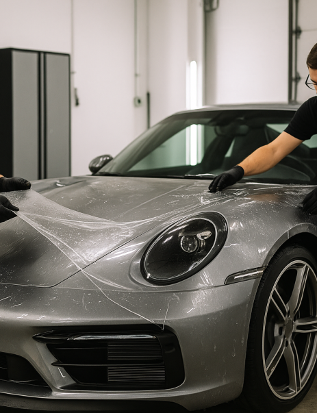 Technicians applying paint protection film to a car in a clean workshop, smoothing out air bubbles for a flawless installation